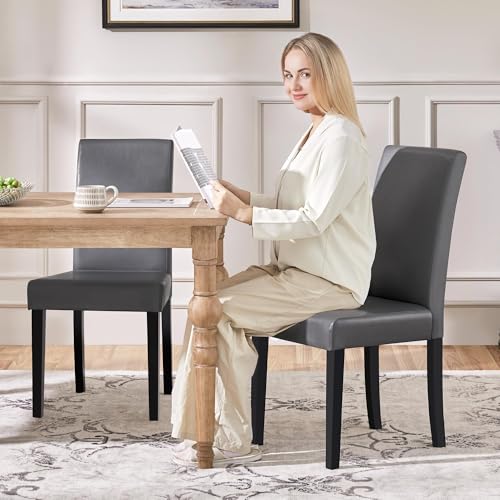 Yaheetech Dining Chairs Set of 2 Upholstered Kitchen Chairs Dark Gray | Faux Leather High Back Sillas De Comedor, Solid Wood Legs, Adjustable Footpads, Modern Armless Parson Chairs for Dining Room - color: Dark Gray, size: Set of 2
