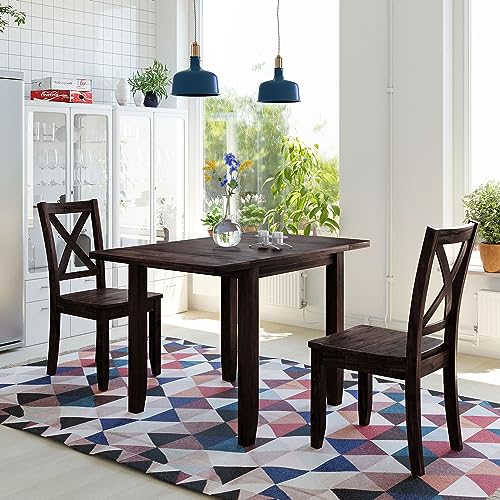 RuiSiSi 3 Piece Drop Leaf Dining Table Set with 2 X-Back Chairs Solid Wood Kitchen Table Set for Kitchen, Dining Room, Small Space, Espresso - color: Espresso, size: 3 Piece
