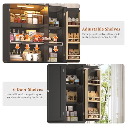 71"H Tall Kitchen Pantry Cabinet with LED Lights,39"W Modern Large Kitchen Hutch Cabinet w/6 Door Shelves,2 Large Drawer,Freestanding Food Pantry w/Adjustable Shelves for Kitchen,Dining Room,Black - color: Black