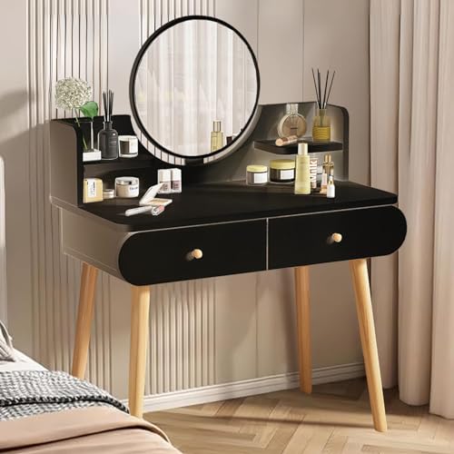 Makeup Vanity Table Set with Mirror, Medium Density Fiberboard Modern Makeup Vanity Dressing Desk with 2 Drawers and 2 Shelves, 31.5"(L)*15.7"(W)*47.2"(H), White (Without Stool) (Black) - color: Black