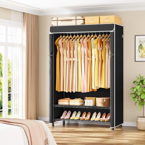 H5C Plus Clothes Rack with Cover, Covered Clothing Rack Heavy Duty | Garment Rack with Shelves, 3-Tier Portable Closets for Hanging Clothes, Max Load 370LBS, Black Closet Racks with Black Cover - color: Black Rack with Black Cover, size: H5C Plus