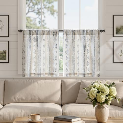 jinchan Boho Linen Kitchen Curtains 24 Inch Bohemian Geometric Striped Small Window Curtains Light Filtering Farmhouse Country Rustic for Bathroom Living Room RV 2 Panels Blue - color: Privacy | Blue on Beige, size: 25"W x 24"L (Pack of 2)