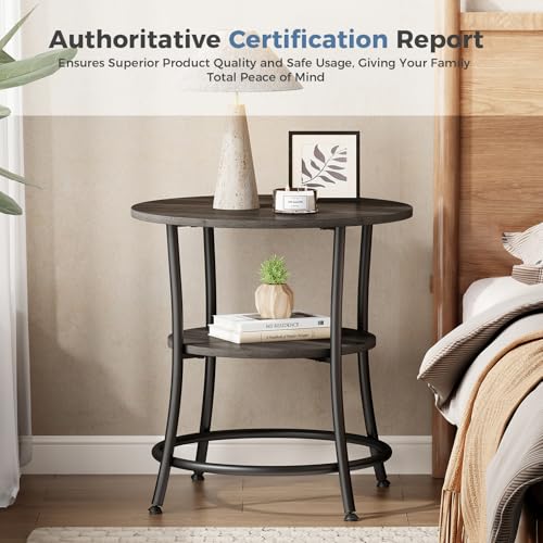 OLIXIS 21.85-Inch Round End Table, 2-Tier Side Table for Living Room, Accent Stand with Storage Shelf, Sturdy Metal Frame Nightstand for Small Space, Round Bedside, Grey Wood Grain - color: Grey Wood Grain