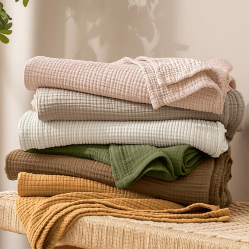 PHF 100% Cotton Muslin Throw Blanket 50" x 60", 4-Layer Lightweight and Breathable Blanket, Luxuriously Soft Gauze Throws for Couch Bed Sofa, Ideal Gift Choice, Oat Milk - color: Oat Milk, size: Throw(50"X60")