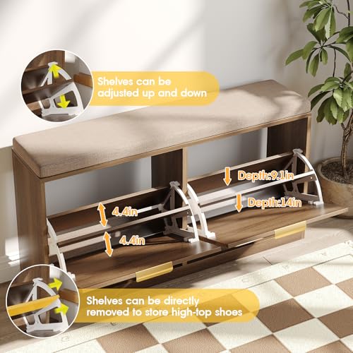 Maupvit Rattan Entryway Bench with Seat Cushion & Coat Rack, Shoe Storage Cabinet with 2 Flip Drawers, Narrow Shoe Rack, 5 Sturdy Metal Hooks, Rustic Oak Rattan