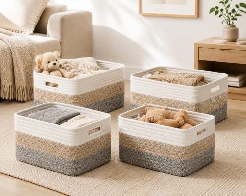 4 sets of hand-woven cotton rope storage boxes, suitable for toys, books, clothes, bathrooms, and car trunks used for organizing and decoration, Two 16x14x7 in and two 14x10x7 in - color: Khaki color
