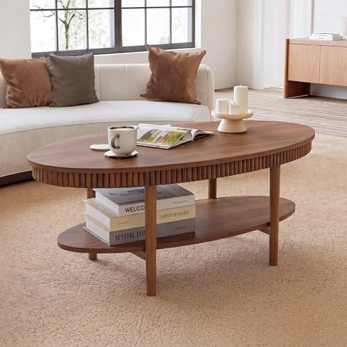 Janmer Home Oval Coffee Table with 2-Tier Storage Shelf, 40" Modern Coffee Tables, Wood Small Center Table, Fluted Accent Tea Table for Small Space Living Room Apartment,Easy Assembly (Walnut) - color: Walnut-40inch Oval, style: 40inch