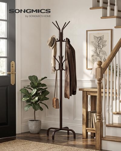 SONGMICS Coat Rack Freestanding with 16 Hooks, Metal Coat Tree Stand with 4 Adjustable Feet, Clothes Hanger Stand for Entryway Bedroom Living Room Hallway Office,Bronze URCR083MZ01S - color: Brown, style: 16 hooks