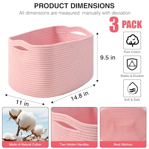 Pink Storage Baskets for Organizing Shelves, Woven Cotton Rope Baskets for Storage, Toy Basket for Kids, Cute Basket for Shelves Closet, 14.8"×11"×9.5", Pack of 3, Light Pink - color: Light Pink