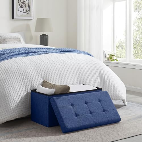 Ornavo Home 30 Inch Folding Storage Ottoman Bench, Tufted Linen, Navy Blue | Upholstered Large Ottoman with Lid; Foot Rest Stool; Ideal for Bedroom, Living Room or Entryway - color: Navy Blue, size: 15"d X 30"w X 15"h