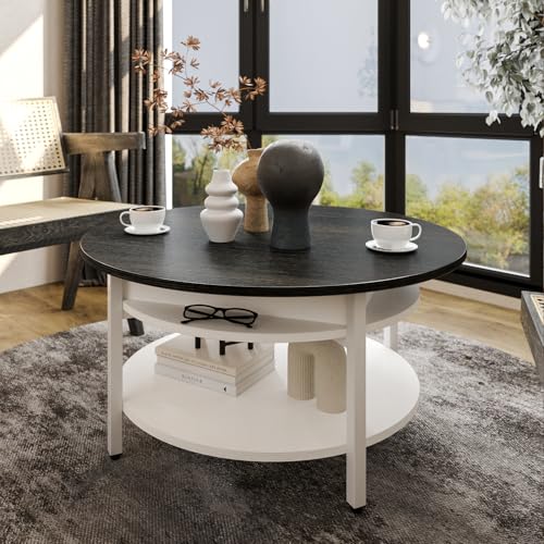 FABATO 26.77” Round Lift Top Coffee Table with Storage, White | Farmhouse Coffee Table, 2 Tier Small Round Center Table, Center Table for Living Room, Circle Dining Table - color: Antique White