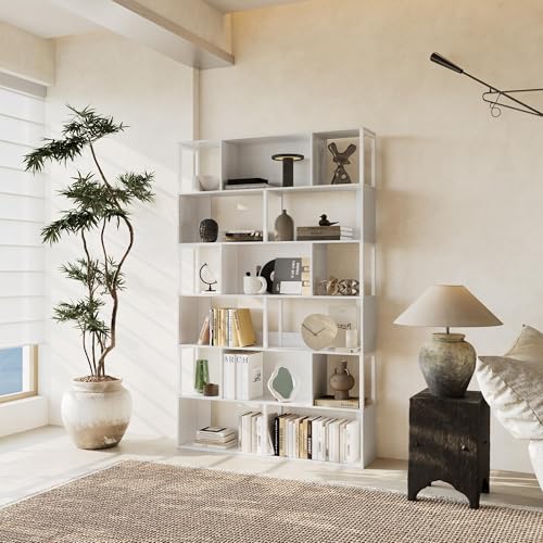 Garvee 6-Tier Bookshelf, Tall Geometric Bookcase, Modern Room Divider & Display Shelf with Anti-Tipping Devices, Mid Century Bookshelf for Living Room - color: White, style: 6-tier