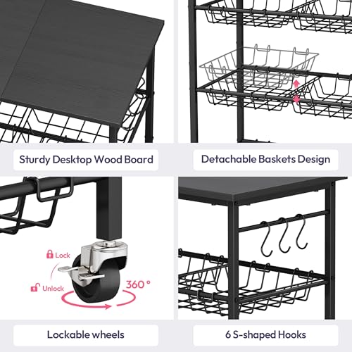 SWTYMIKI 24.4''x15.7'' Rolling Microwave Cart - 4 Tier Microwave Table Stand with 6 Storage Baskets, Coffee Bar with Wheels, Kitchen Utility Cart Shelf Rack Organizer for Vegetables, Potato, Black - color: Black