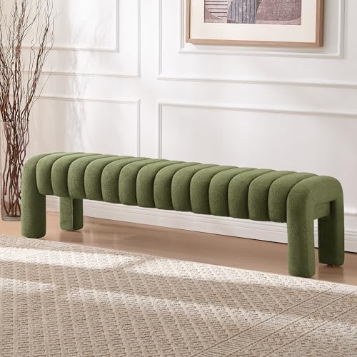 63” Dining Room Bench, Green Tufted Upholstered End of Bed Bench, Modern Entryway Ottoman Window Seat with Solid Wood Legs and Padded Seat for Bedroom, Hallway and Living Room (Boucle) - color: Green Boucle, size: 63"