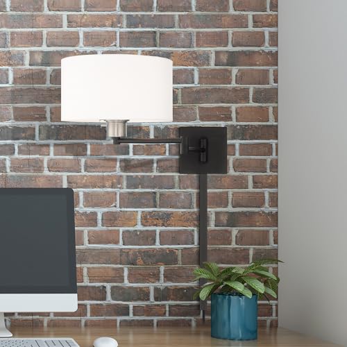 Livex Lighting 40036-04 1-Light Swing Arm Wall Light, Black | Off-White Fabric Shade - color: Black with Brushed Nickel Accent