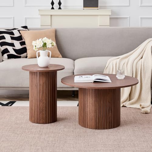 Round Nesting Coffee Table Set of 2 Mid Century Modern Wood Round Coffee Tables with Flexible Small Boho Circle Side Table for Space Saving Living Room Comedor Home Office Bedroom(Brown) - color: 2pcs Brown