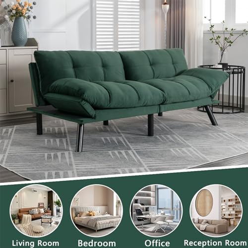 71" Velvet Futon Couch Bed with Mattress Included,Convertible Folding Sleeper Sofa Bed with Adjustable Backrests,Modern Loveseat Sleeper for Living Room Bedroom Small Space Home Office (Green)