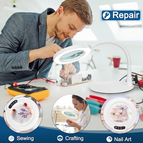 IVMAIE 12X Magnifying Glass with Light, Real Glass Lens, 5 Color Modes Dimmable, Flexible Gooseneck Lighted Magnifier with Stand, LED Desk Lamp Hands Free for Crafts Painting Reading Close Work, White - color: White