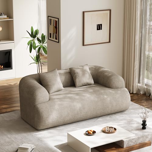 75" Boneless Cloud Loveseat, Modern Cute Curved Chenille Sofa, 2 Seater Compression Couch with 2 Pillows, No Assembly Required for Apartment Living Room, Light Brown - color: Light Brown, size: 75''