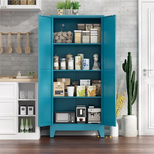 Farmhouse Pantry Cabinet with Barn Doors,61" H x 27.5" W,Metal Cabinet with Adjustable Shelves,4-Tier Storage Cabinet for Kitchen Dining Room Garage,Blue 1 Pack - color: Blue, size: 13.8"D x 27.5"W x 61"H