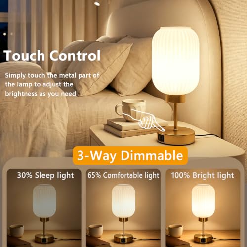LAMSU Vintage Gold Table Lamp with Cream Glass Shade, Small Beside Lamp with Bulb, USB Ports, 3 Way Dimmable Nightstand Lamp, Mid Century Modern Desk Lamp for Bedroom Living Room, Home Decor - color: Cream