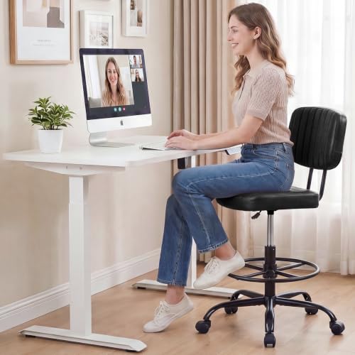 DUMOS Armless Drafting Chair, Standing Desk Chair, Rolling Stool | Ergonomic Low Back Office Seat, Height Adjustable with Footrest Ring, PU Leather, Swivel Wheels, Studio Lab Counter, Black - color: Black
