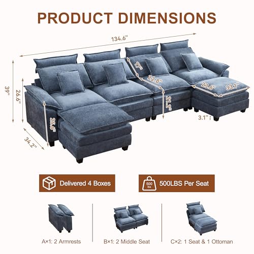 134'' U Shaped Sectional Couch, Cloud Deep Seat Sofa Couch with 2 Ottoman, Detachable Headrest, Oversized Modular 5 Seater Sofas for Living Room, Blue - color: Blue, size: U Shaped Couch