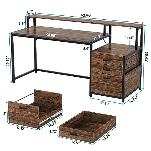 Tribesigns 63 Inch Computer Desk with File Drawer Cabinet, Ergonomic Desk | Office Desk with Monitor Stand, Computer Table with Printer Space, Wood PC Table Workstation Desk for Home Office - color: Rustic Brown