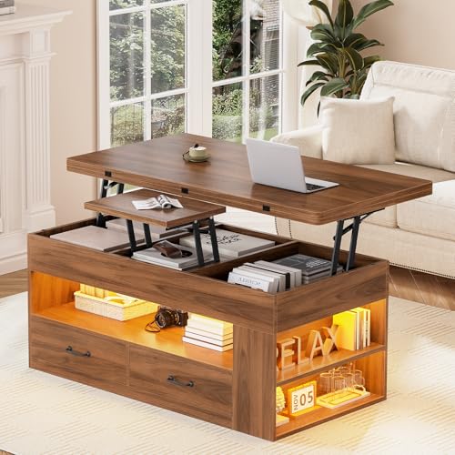 Itaar Lift Top Coffee Table, 4 in 1 Coffee Tables with Storage and Hidden Compartment, Farmhouse Coffee Table with 2 Fabric Drawers & LED Light for Living Room, Brown - color: Brown