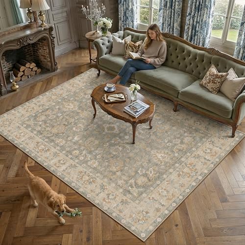 8x10 Brown Neutral Large Area Rug | Washable, Non Slip, Low Pile, Soft, Vintage, Distressed, Floral, Farmhouse, for Living room Bedroom Dining Room Office - color: Brown, size: 8' x 10' (Rectangular)