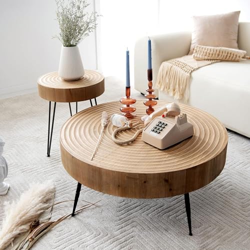 COZAYH 2-Piece Round Nesting Coffee Table Set, Natural Wood Top with Black Metal Legs, Ring Pattern – Rustic Farmhouse Accent for Living Room or Bedroom – Space-Saving Modern Furniture - color: Ring Pattern