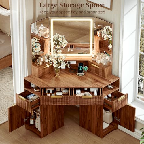 Corner Makeup Vanity Desk with 3 Way Mirror and Lights,48" Large Vanity Table with 6 Drawers & Storage Cabinets, Charging Station, Fluted Dressing Table for Bedroom, Brown - color: Brown