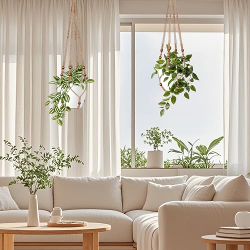 LEWESU Jute Macrame Plant Hanger Indoor Set of 4 Hanging Planter Basket Flower Pot Holder with Decorative Wood Beads & No Tassels for Indoor Outdoor Boho Home Decor, 35 Inch Brown (Pots Not Included) - color: Brown, size: 35" Set of 4
