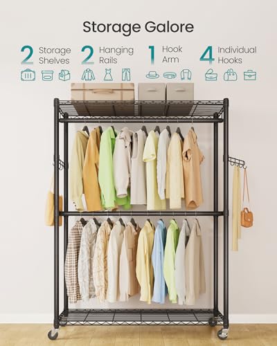 SONGMICS Heavy-Duty Rolling Clothes Rack, Garment Rack, Portable Closet on Wheels, with Adjustable Mesh Shelves and Hanging Rails, Hooks, 15.8 x 43.3 x 78.3 Inches, Ink Black ULGR417BH01 - size: 43.3"W