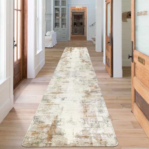 famibay Hallway Runner Rug 10 ft,Modern Washable Rug Runners for Hallways Non Slip Soft Wool Carpet Runner Low Pile Modern Abstract Long Runner Rug for Hallway Kitchen Bathroom(Beige/Camel) - color: Beige and Camel, size: 2 x 10 feet
