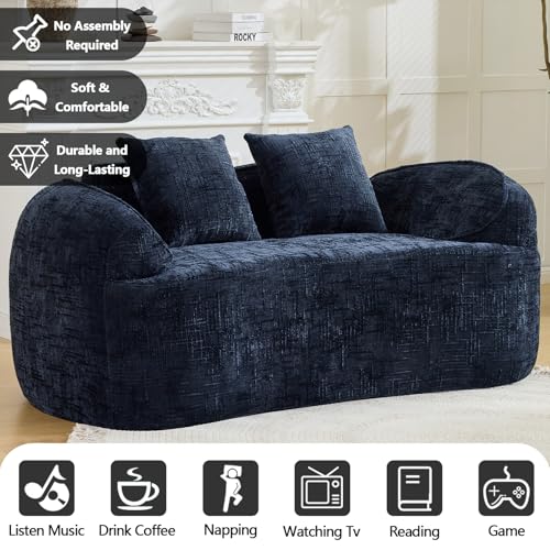 67" Curved Loveseat Sofa with 2 Pillows, Modern Boneless Couch in a Box, Small Cloud Loveseat for Bedroom Small Space Apartment Living Room, Memory Foam, Chenille, No Assembly (Blue) - color: Blue