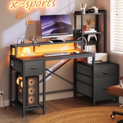 55" Gaming Desk with Power Outlet & LED Light, Computer Desk with Fabric Drawers, Storage Shelves & Monitor Stand, Industrial Gaming Table with Side Hook, Black