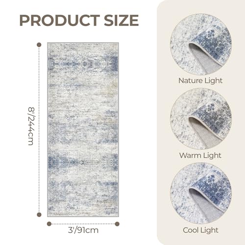 3x8 Runner Rug Non Slip,Washable Hallway Runner Rug,Blue | Neutral Rugs for Kitchen,Entryway,Bedroom,Bathroom,Nursery Room,Thin,Soft Runner Rug,Stain Resistant Indoor Carpet - color: Blue/Brown/Ivory, size: 3' x 8' (Runner)
