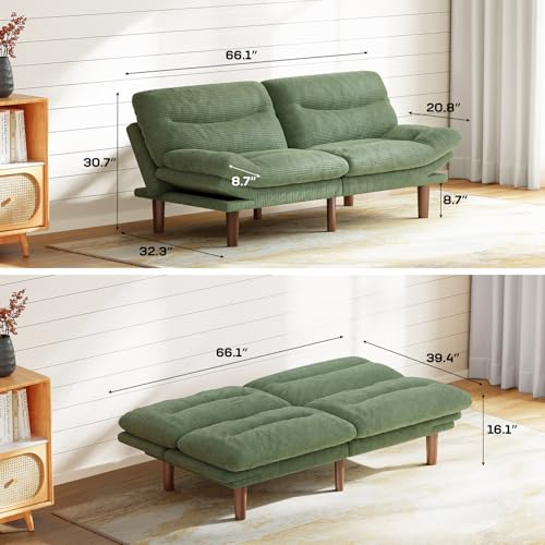 Marsail 66" Futon Sofa Bed, Futon Couch with Adjustable Backrest & Armrests, Convertible Sleeper Sofa Bed for Apartment, Living Room, Office, Corduroy Loveseat, Green