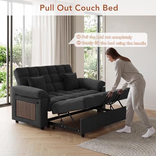 Vipbear Sleeper Sofa Bed, 70" Pull Out Futon Couch with Small Table| USB Port | Side Pockets | Tool-Free Assembly | Adjustable Backrest for Apartment, Office, Guest Room, Chenille Black - color: Black