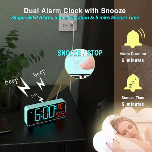 Alarm Clock for Bedroom, 6.7in Small Digital Clock, Auto Dimming, Room Temperature, Day of The Week, Date, Alarm Clocks for Living Room, Desk Clocks - color: Blue (Blue + Orange Digits)
