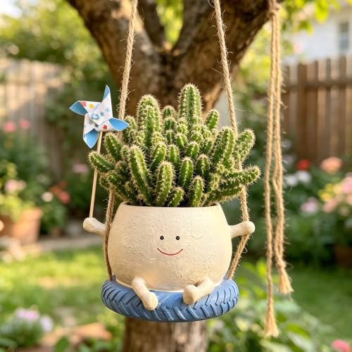Smiley Face Hanging Planter with Spinning Windmill, 4 Inch Resin Flower Pots with Drainage Hole & Mesh Pad, Cute Succulent Planter for Small Plants, Gardening Gift, Indoor Outdoor Garden Decor