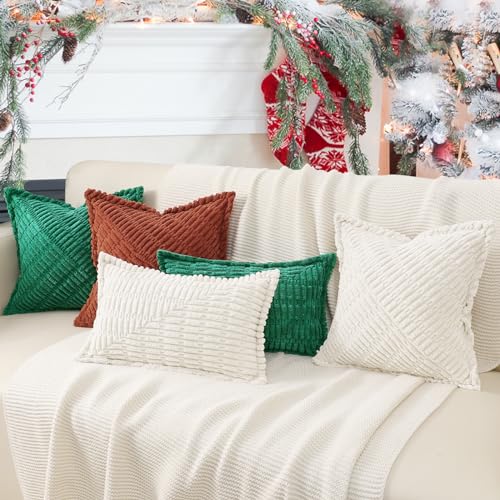 decorUhome Decorative Cream White Throw Pillow Covers 18x18 Set of 2 with Splicing, Boho Soft Corduroy Broadside Twill Spring Pillow Covers for Couch Bed Sofa Living Room | Boho Decorative Soft Broadside Twill Accent Modern Farmhouse Neutral Pillow Covers