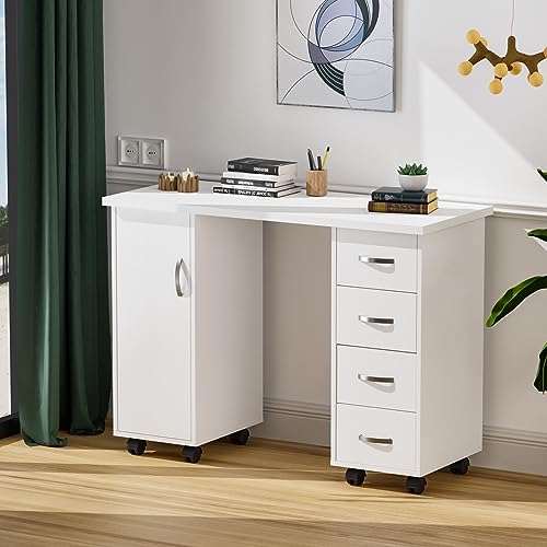 OmySalon Manicure Table Nail Desk w/Cabinet, Drawers, Wheels & Wrist Rest, Spa Salon Beauty Home Wooden Technician Workstation Nail Art Equipment for Nail Tech, White - color: White