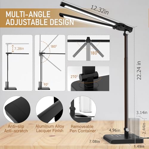 Retractable Dimmable LED Desk Lamp with USB Charging Port Desk Light | Height Adjustable 50 Lighting Modes Dual Swing Arm Architect Adjustable Table Lamp Light for Home Office Dorm Nail, Black - color: Pure Black