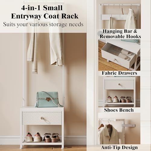 LUMTOK Hall Tree with Shoes Bench Storage,Small Coat Rack with Drawers | 4 in 1 Narrow Hall Tree with shoes storage & fabric drawers,Entryway organizer with coat rack for closet,hallway,bedroom, - color: White