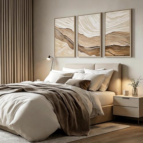 Large Framed Neutral Wave Texture Wall Art for Living Room, 3 Piece Modern Abstract Canvas Prints Paintings Artwork for Walls, Ready to Hang Art for Entryway Hallway Office Wall Decor 24x36 Inch - color: Light Brown