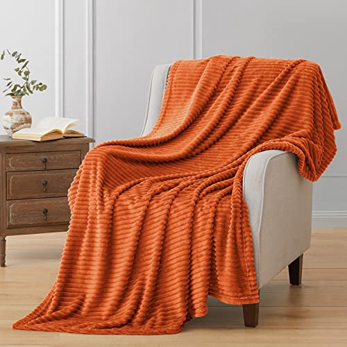 Vessia Flannel Fleece Orange Throw Blanket for Couch, Lightweight Warm Cozy Soft Striped Bed Throw for Adults and Kids, Microfiber Ribbed Sofa Blanket for All Season - color: Burnt Orange, size: 50x60 inch