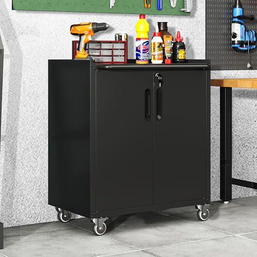 Garage Cabinets,Metal Garage Storage Cabinet with Wheels,Black Lockable Rolling Tool Cabinet with Drawer and Adjustable Shelves,Heavy Duty Tool Chest for Home Office Utility Room - color: Black, size: 2 Doors