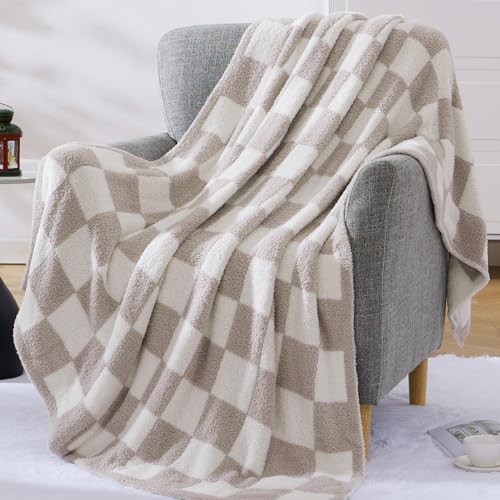 Soft Checkered Throw Blanket for Couch-Cozy Warm Knitted Blankets | Lightweight Warm Fluffy Decor for Women, Mom, Her & Girls, Sofa, Chair, Bed, 50x60in,Taupe - color: Art Taupe, size: Throw (50"x 60")